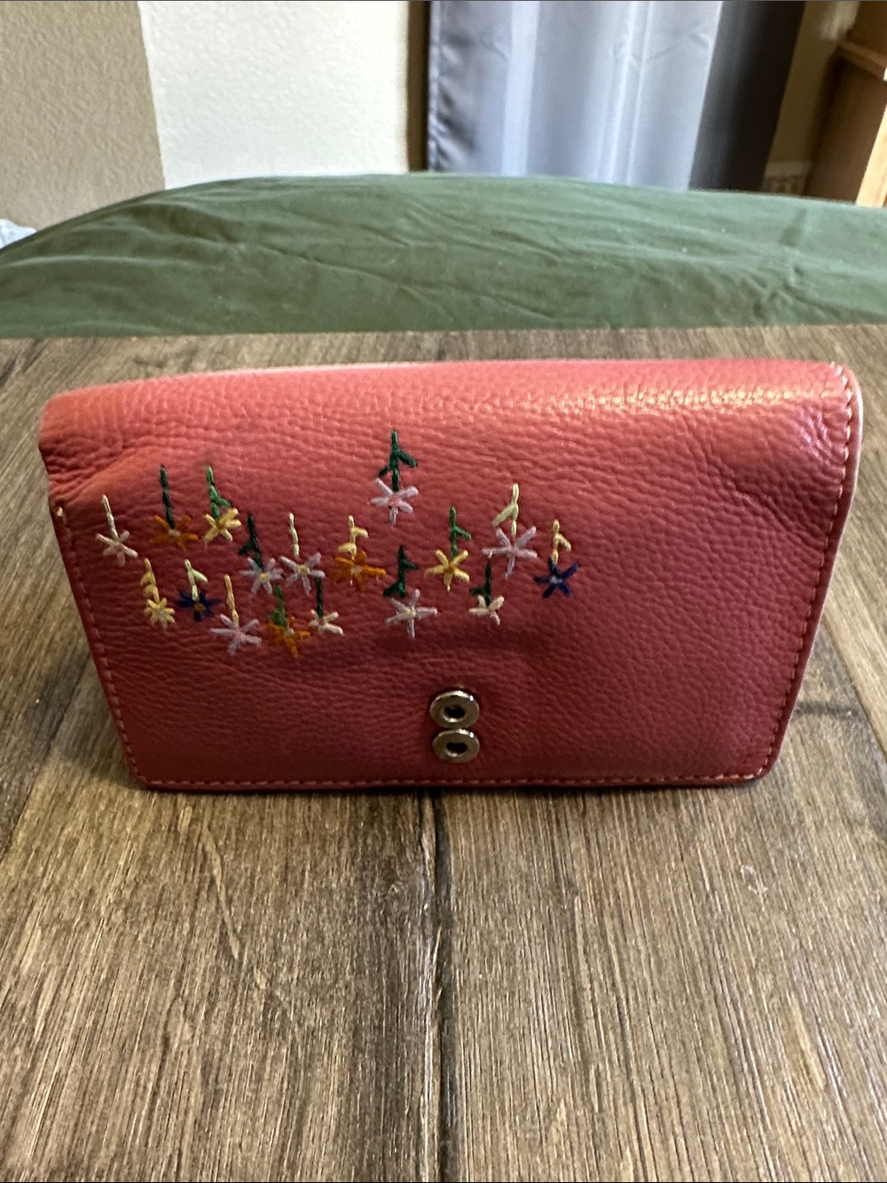 Embroidered Pink Leather Women's Wallet with Snap Closure
